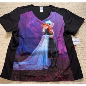 Tooniforms Scrub Top Womens XL Black Frozen Elsa Anna V-Neck Tunic Nurse‎